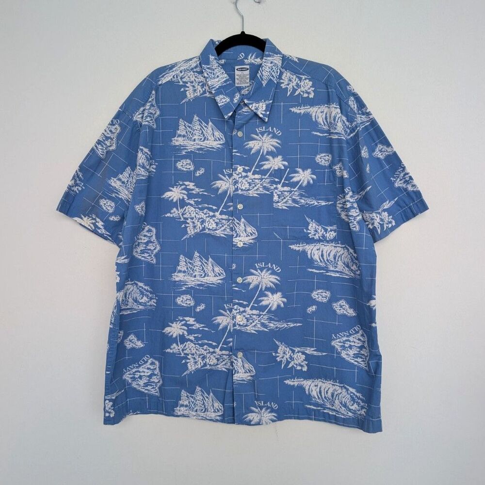 Vintage Old Navy Nautical Tropical Button Up Short Sleeve Hawaiian Shirt Sz XL